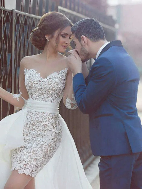 Sexy Lace Mermaid Short Tulle Detachable Train Wedding Dress, PD0226
