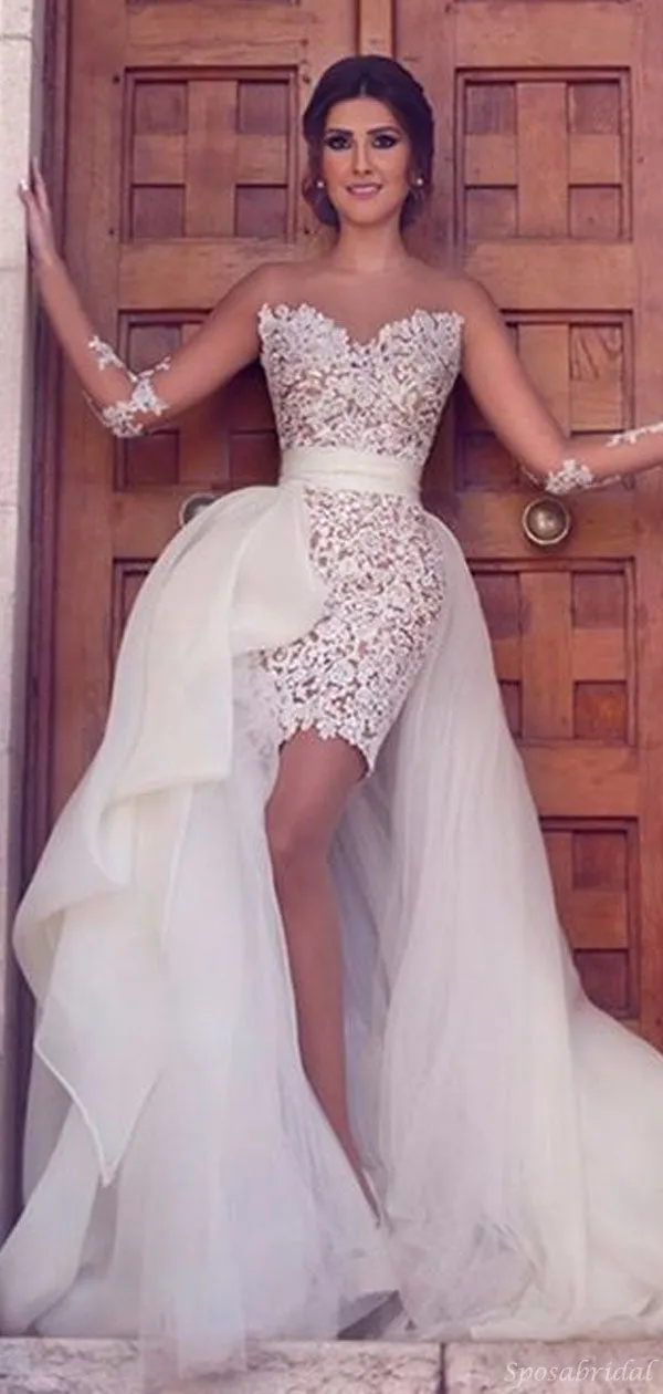Sexy Lace Mermaid Short Tulle Detachable Train Wedding Dress, PD0226