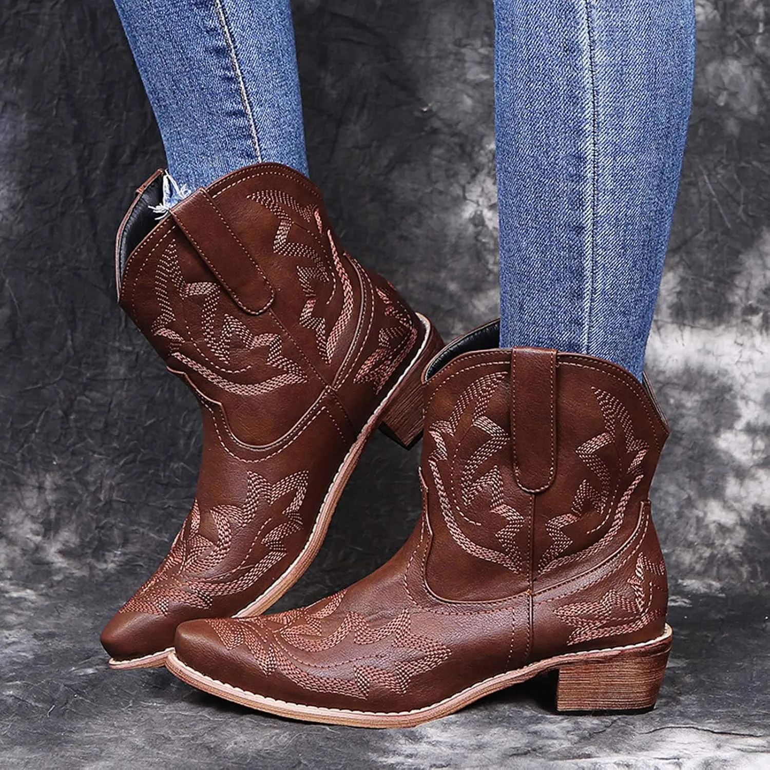 Wide Calf Cowboy Boots Womens Cowgirl Boots Mid Calf Round Toe Chunky Heel Block Heel Embroidered Cowboy Boots Shoes