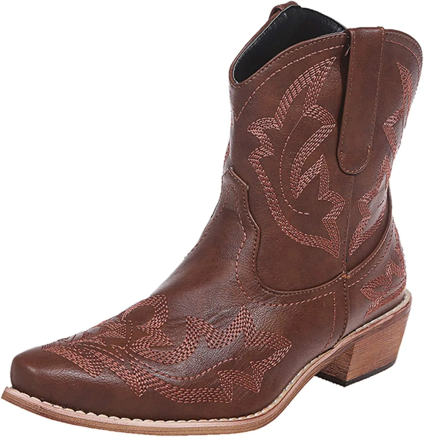 Wide Calf Cowboy Boots Womens Cowgirl Boots Mid Calf Round Toe Chunky Heel Block Heel Embroidered Cowboy Boots Shoes