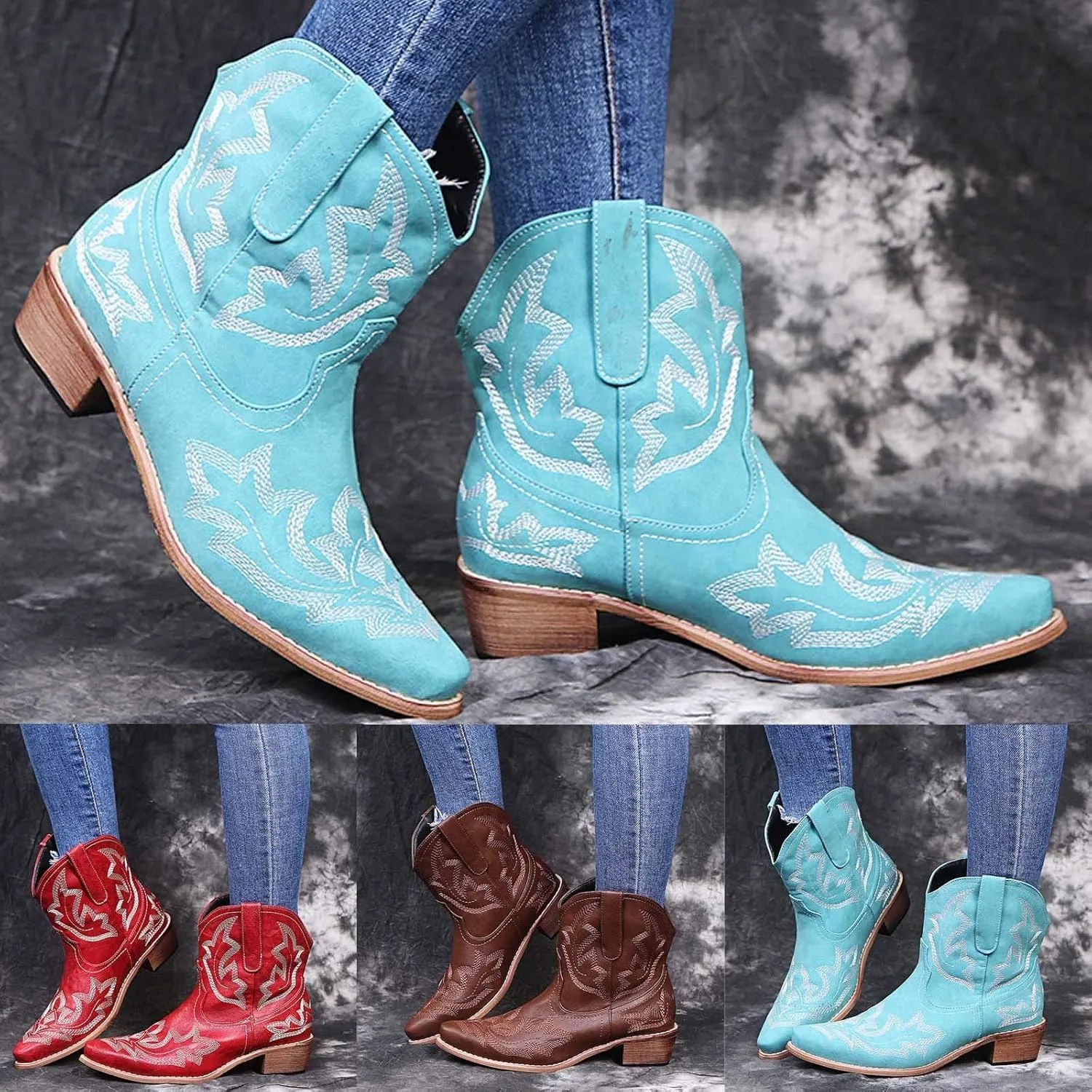 Wide Calf Cowboy Boots Womens Cowgirl Boots Mid Calf Round Toe Chunky Heel Block Heel Embroidered Cowboy Boots Shoes