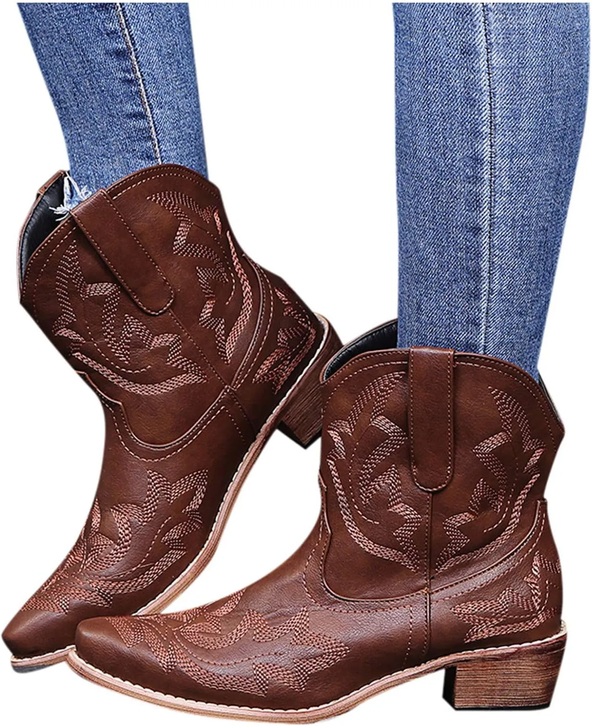 Wide Calf Cowboy Boots Womens Cowgirl Boots Mid Calf Round Toe Chunky Heel Block Heel Embroidered Cowboy Boots Shoes