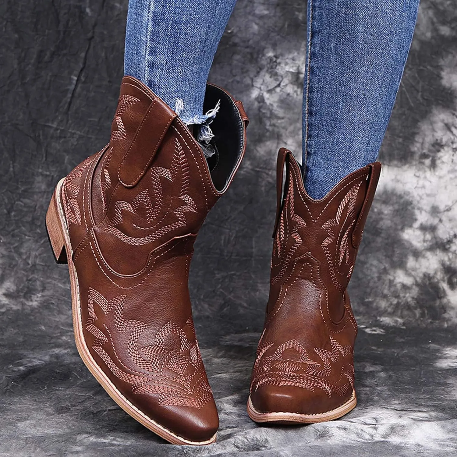 Wide Calf Cowboy Boots Womens Cowgirl Boots Mid Calf Round Toe Chunky Heel Block Heel Embroidered Cowboy Boots Shoes