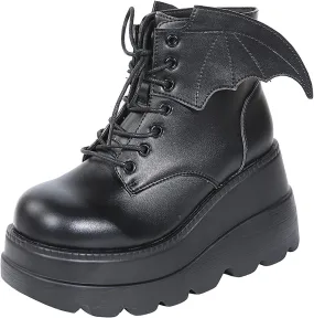 wodceeke Women's Platform Ankle Boots Round Toe Lace Up Combat Boots Goth Punk Fashion Wing Motorcycle Leather Boots