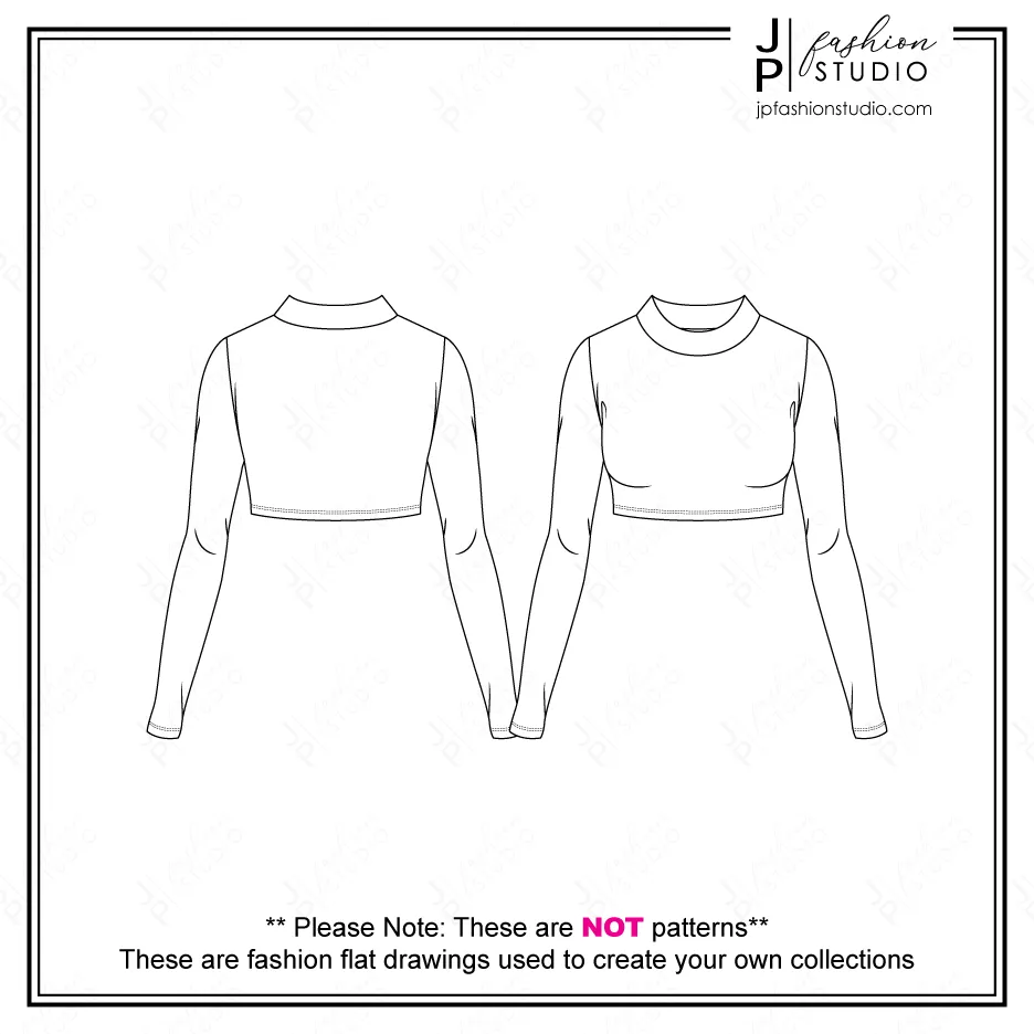 Women Casual Outfit Sketches (3 Styles) / Fashion Flat Sketches / Fall Outfit Fashion Technical Drawings / Long Sleeves Crop Top with Mock Neck, Skinny leg Pant, Open Jacket