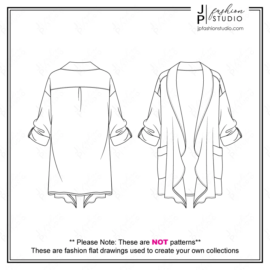 Women Casual Outfit Sketches (3 Styles) / Fashion Flat Sketches / Fall Outfit Fashion Technical Drawings / Long Sleeves Crop Top with Mock Neck, Skinny leg Pant, Open Jacket