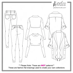 Women Casual Outfit Sketches (3 Styles) / Fashion Flat Sketches / Fall Outfit Fashion Technical Drawings / Long Sleeves Crop Top with Mock Neck, Skinny leg Pant, Open Jacket
