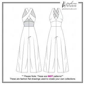 Women Halter Jumpsuit Fashion Flat Sketch / Wide Leg Jumpsuit Technical Drawing with low V-Neck / Fashion cad design