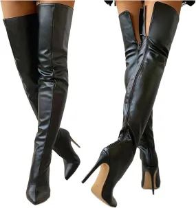 Women Leather Over The Knee Thigh High Boots,Sexy Pointed Toe Stiletto High-Heeled Thigh High Boots with Back Zipper Fall Winter Patent Leather Over The Knee Boots Black