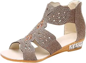 Women Wedge Sandals, Sparkly Rhinestone Open Toe, Slide with Zipper Back Platform, High Heel for Fashion Dressy Evening Wedding Prom