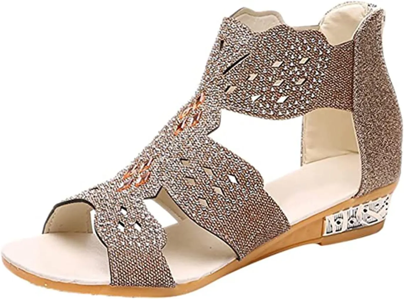 Women Wedge Sandals, Sparkly Rhinestone Open Toe, Slide with Zipper Back Platform, High Heel for Fashion Dressy Evening Wedding Prom