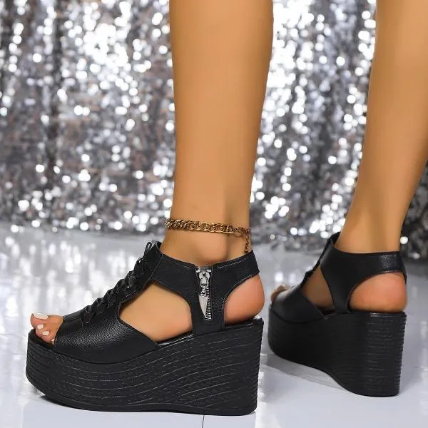 Women's Casual Braided Side Zip Thick Sole Wedge Sandals 74629409S
