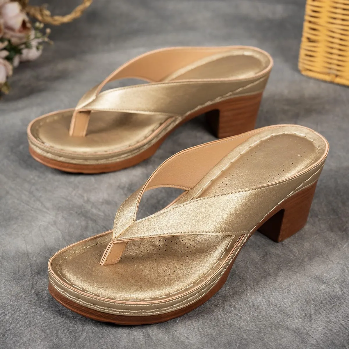 Women's Flip Flops Chunky High Heels OpenToe Block Dress Bridal Party Wedding Shoes Slide on Sandals for Women