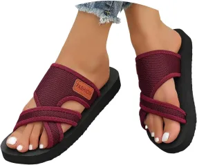 Women's Hollow Mesh Slide Sandals Breathable Mesh Hollow with Toe Loop Summer Casual Flat Slippers Beach Breathable Comfortable Orthopedic Walking Flip Flops with Arch Support