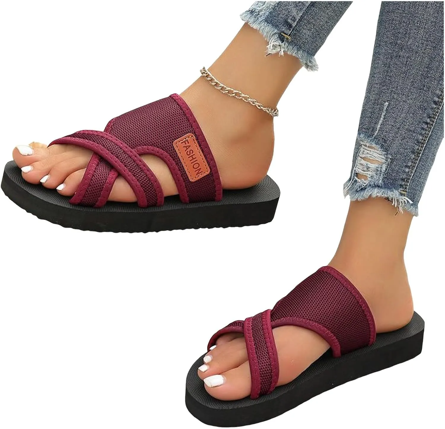 Women's Hollow Mesh Slide Sandals Breathable Mesh Hollow with Toe Loop Summer Casual Flat Slippers Beach Breathable Comfortable Orthopedic Walking Flip Flops with Arch Support