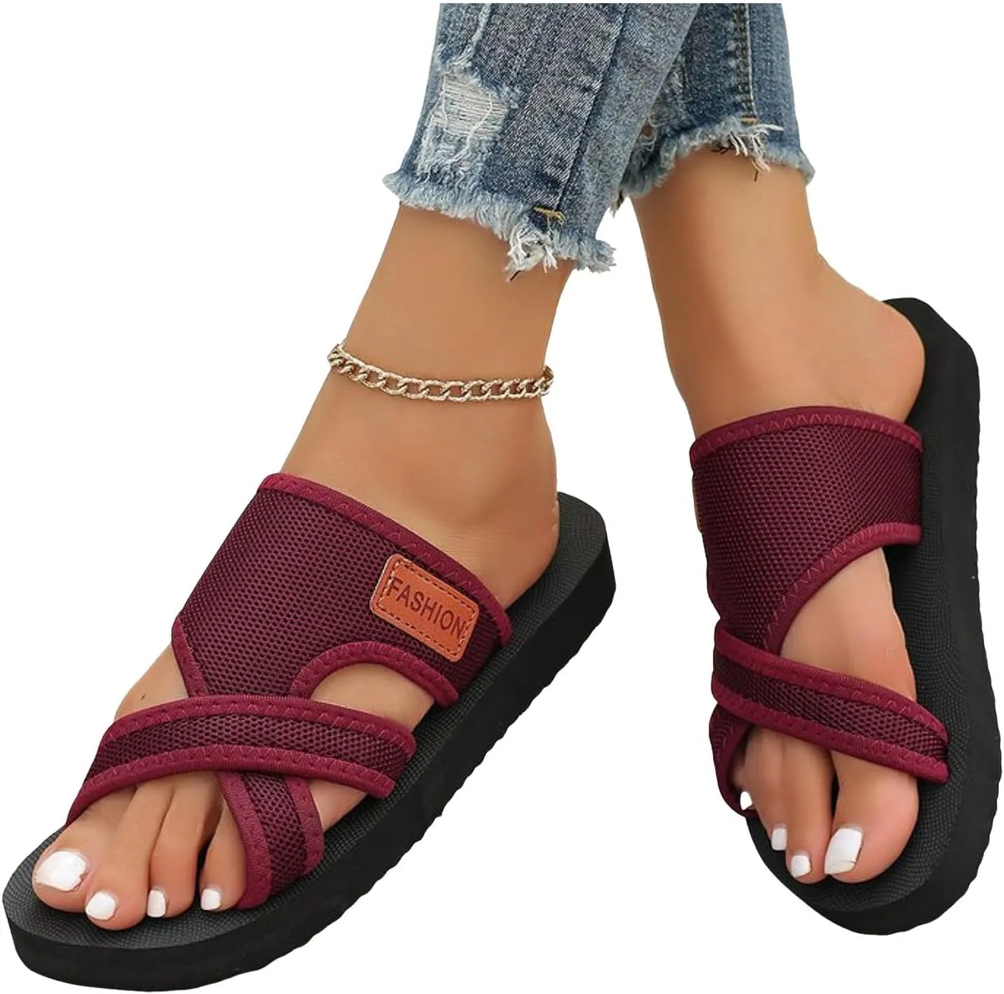 Women's Hollow Mesh Slide Sandals Breathable Mesh Hollow with Toe Loop Summer Casual Flat Slippers Beach Breathable Comfortable Orthopedic Walking Flip Flops with Arch Support