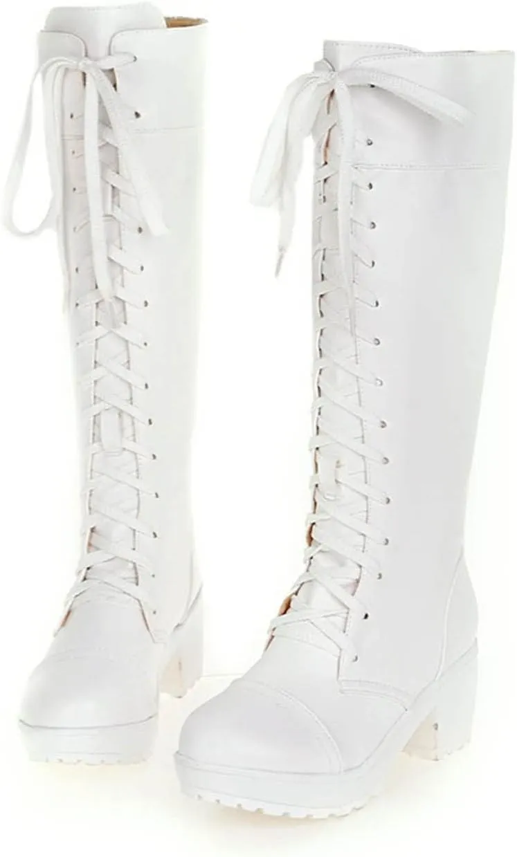 Women's Lace Up Knee High Fashion Boots Chunky Heel Platform Boots Punk Goth Motorcycle Combat Boots