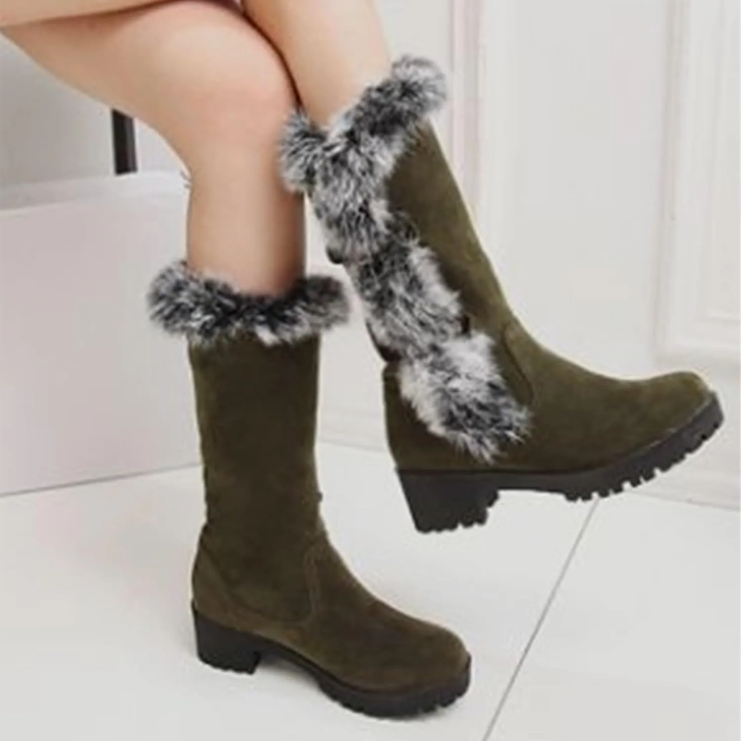 Women's Mid-Calf Winter Platform Hidden Wedge Boots Slip-on Warm Waterproof Leather Non-Slip Snow Boot
