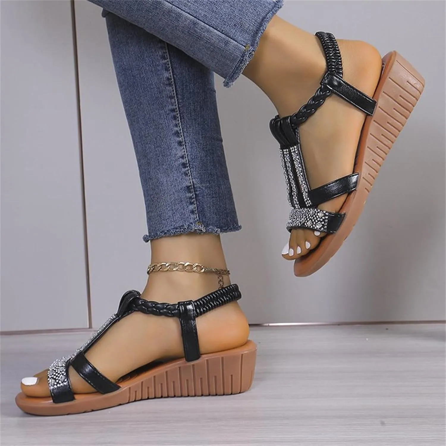Women's Wedge Sandals Dressy Summer Bohemian Flats Open Toe Orthopaedic Slip On Arch Support Flip Flops