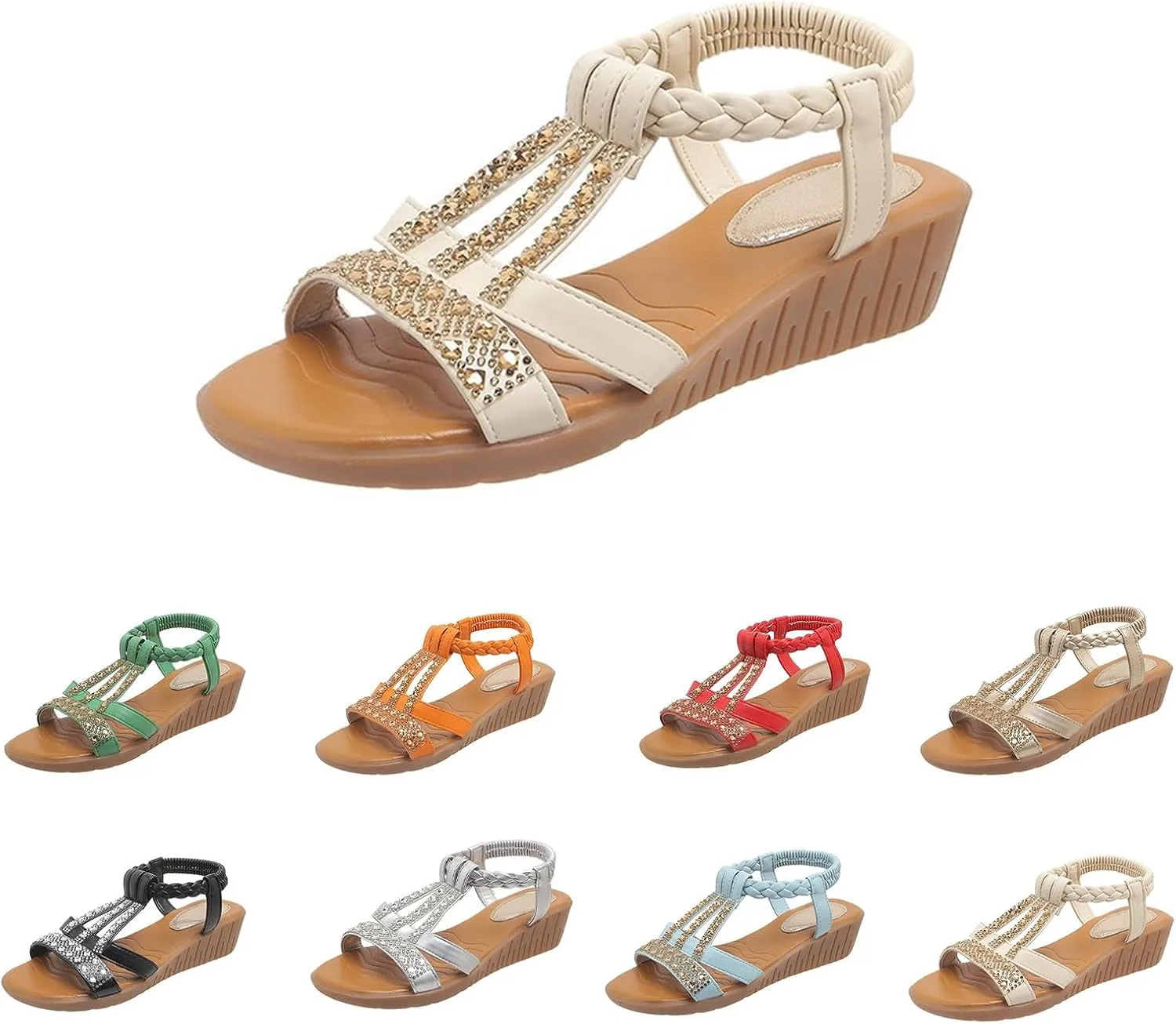 Women's Wedge Sandals Dressy Summer Bohemian Flats Open Toe Orthopaedic Slip On Arch Support Flip Flops