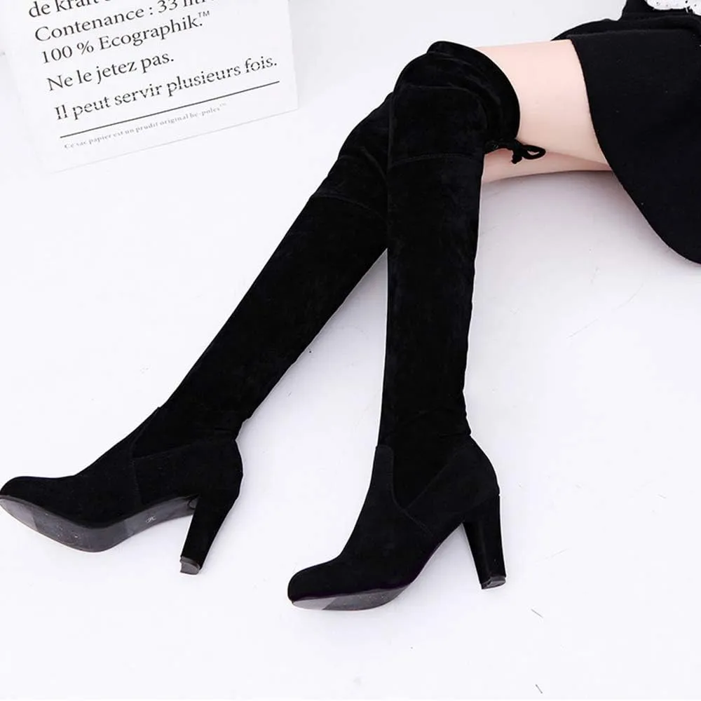 Yu Li Women's Thigh High Boots Stretchy Over The Knee Chunky Block Heel Boots