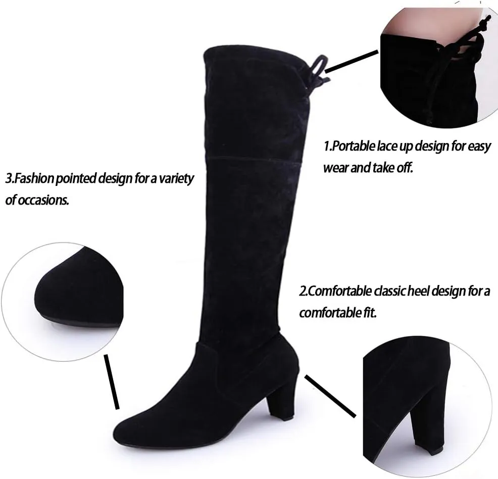 Yu Li Women's Thigh High Boots Stretchy Over The Knee Chunky Block Heel Boots