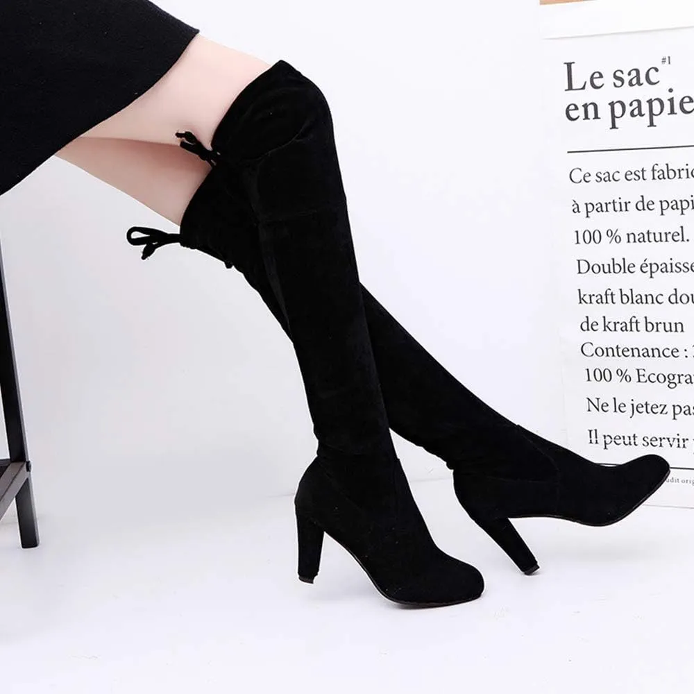 Yu Li Women's Thigh High Boots Stretchy Over The Knee Chunky Block Heel Boots